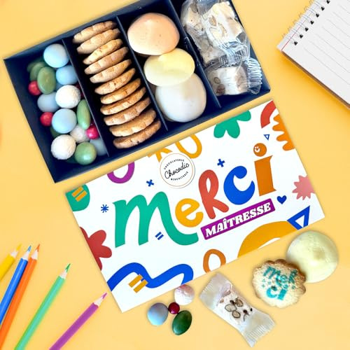 CHOCOLAT FIN D'ANNEE SCOLAIRE MERCI MAITRESSE - VERSION MERCI MAITRESSE COFFRET 4 SPECIALITES SOPHIA GM DE CHOCOLAT - COFFRET CADEAU 280g