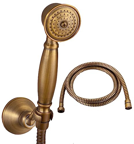 LULUDAMAI - Cabezal de ducha universal de mano de latón antiguo, ducha de mano de latón macizo + manguera de 1,5 m, adecuado para todos los baños