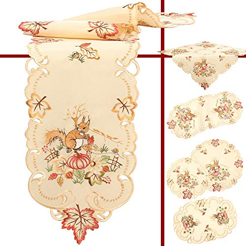 Quinnyshop Eichhörnchen Kürbis Laubblatt Herbst Stickerei Tischläufer ca. 45 x 110 cm Oval Leinen-Optik Polyester, Creme