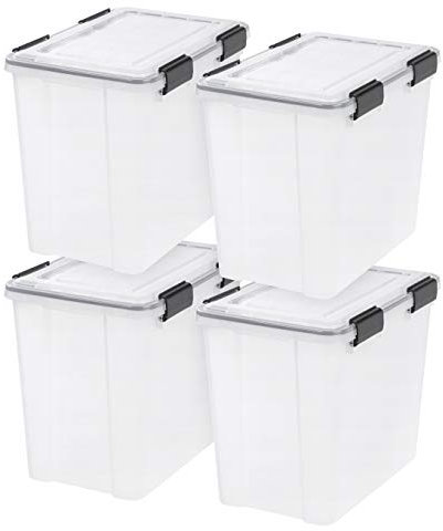 IRIS USA WeatherPro Aufbewahrungsbehälter mit Deckel, BPA-freie Kunststoffdichtungsbox mit dichtem Riegel und Dichtung, stapelbar, verschachtelbare Tragetasche, transparent/schwarz, 4 Stück