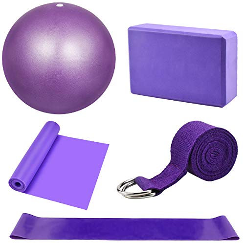 Yoga Fitnessband 5er-Set Gymnastikband Lang Theraband Dehnen und Stretching Pilates Ball Klein Yoga Gurt Sportbänder Gymnastikball Set für Crossfit, Muskelaufbau,Yoga,Pilates Männer/Frauen (Lila)