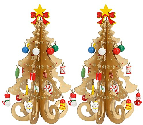 2 mini albero di Natale in legno da 19,1 cm, da tavolo, piccolo albero di Natale 3D con mini ornamenti in legno di pino per Natale, vacanze, feste, decorazione per la casa e la scrivania (oro)