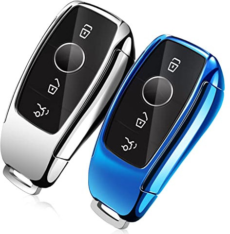Yosemy 2stk Autoschlüssel Hülle Schlüsselhülle Kompatibel für Merce*des Ben_z Schlüssel Hülle MB Auto Schlüssel TPU Cover für Klasse A B C E S CLA GLA GLE GLC GLK AMG (2Stk/Silber+Blau)