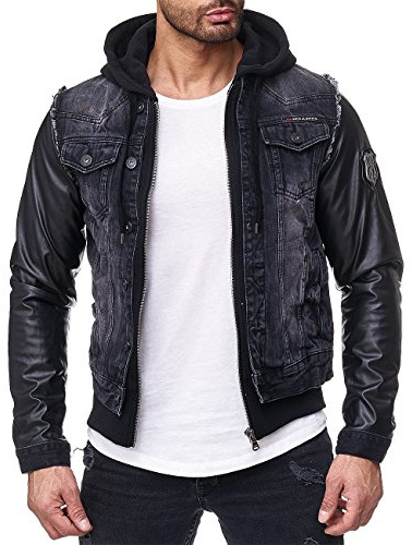 Cipo & Baxx Herren Jeansjacke mit Kapuze Vintage Urban Style | Regular Fit, Doppeljacken-Optik, modische Details, Denim-Look, Freizeit, Alltag und Übergangszeit