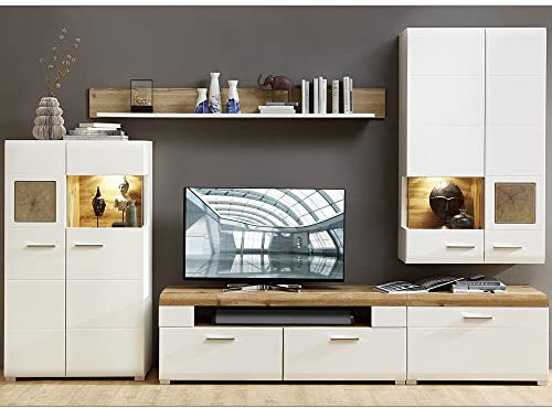 Lomadox Fernsehwand weiß modern mit Absetzunge in Eiche Hirnholz Nb. und Eiche Altholz Nb. inkl. LED Beleuchtung, B/H/T: ca. 315/205/47 cm