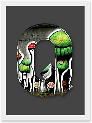Wee Blue Coo Letter Q Abstract Trippy Grey Green Decorative Graffiti Mural Alphabet Initial Stencil Artwork Framed Wall Art Print A4