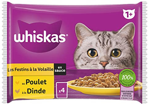 WHISKAS Repas pour Chat - 52 Sachets Fraîcheur (Lot de 13 Packs 4x85g) - Festins à la Volaille (2 saveurs) - Pâtée pour Chat Adulte en Sauce. Nourriture Humide Complète Adaptée aussi Chats Stérilisés