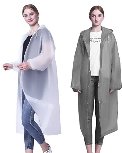 Baiyuanli 2 Stück Regenponcho Wiederverwendbar Regencape für Damen und Herren, EVA Wasserdicht Transparent Regenmantel, Tragbarer Regenumhang für Wandern Radfahren Camping Reisen (Weiß Grau)
