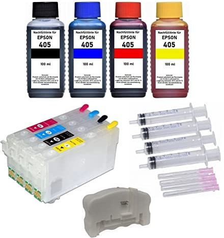 Inkpro Nachfüllbare Druckerpatronen 405 XL mit Auto-Reset-Chips + 4 x 100 ml Tinte für Workforce WF-7310, WF-7830, WF-7835, WF-7840, Pro WF-3820, WF-3825, WF-4820, WF-4825, WF-4830