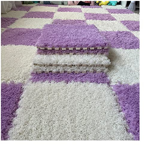 10 Stück Ineinandergreifende Teppichfliesen, Weiche, Zottelige Plüsch-Schaumstoffmatten, Flauschige Teppiche, Rutschfester Teppich, Spielmatte Für Zuhause, Wohnzimmer, Schlafzimm(Color:Lila+Weiß)