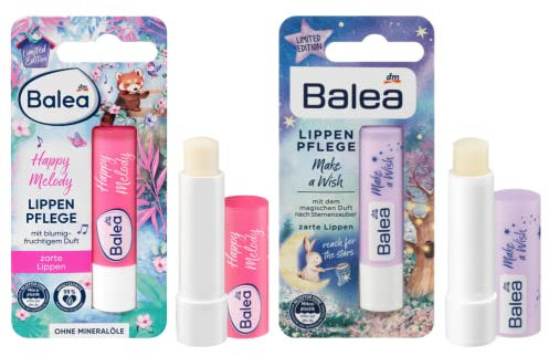 Balea 2er-Set Lippenpflege: Pflegestift HAPPY MELODY Sheabutter mit blumig-fruchtigem Duft (4,8 g) + Pflegestift MAKE A WISH mit Bienenwachs (4,8g), 9,6 g