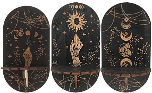 Cabilock Kleines Regal Wand 3 Stücke Holz Kristall Montiert Ständer Ätherische Öle Mondphase Mond Sonne Heilsteine Halter Boho Dekor Für Wohnzimmer, 21.5x11.6cm, (JTO126XCXR1513KH1)