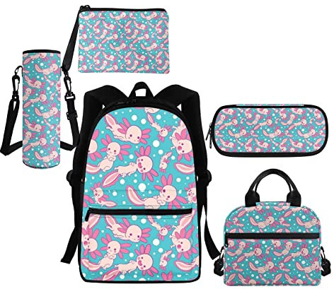 Showudesigns Rucksack und Lunchtasche Set Federmäppchen Wasserflaschenhalter Münzbörse, Kawaii Axolotl, Einheitsgröße