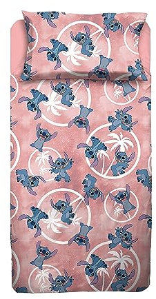 Stitch, Bettlaken für Einzelbett, Bettlaken, Spannbettlaken, Kissenbezug, Rosa, Disney, 100% Baumwolle, offizielles Produkt