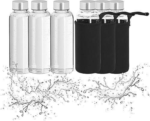 Relaxdays 6 Botellas Agua Reutilizables 360ml, Cantimplora con Funda, Hermética, Vidrio, 20 x 6 cm, Transparente/Negro, Silicona, 20 x 6 x 6 cm