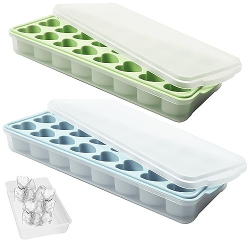 2 Pack Heart Shpaed Ice Cube Trays with Lids and Bins, Heart ice Molds with Ice Storage Box, 48 Holes Silicone Heart Ice Cube Tray for Whiskey Cocktail Fun Shapes Ice Cubes, with Lids & Bins Blue Pink
