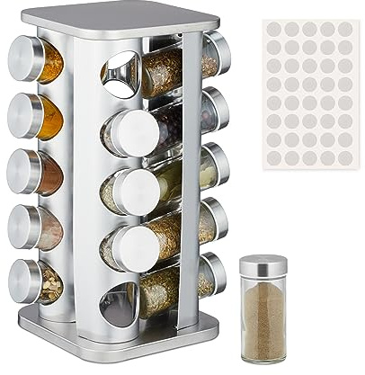 Relaxdays Gewürzkarussell, 20 Gewürzgläser, 40 Etiketten, 360° drehbar, Edelstahl, Glas, HBT: 33,5 x 20 x 20 cm, silber