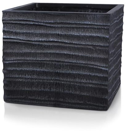 IDEALIST 40cm Square Planter | Ribbed Black Reinforced Stone Flower Box | Garden Planter with Drainage Holes H36 L40 W40 cm, 44 litres