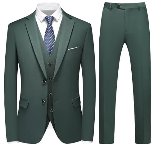 KUDMOL Costume Homme 3 Pièces Mariage Slim Fit Business à Deux Boutons Smokimg Couleur Unie Blazer Veste et Pantalon Gilet(Vert Foncé,S)