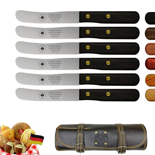 Solingen Messer 6er Set inkl. hochwertiger Ledertasche, edler Holzgriff, Premium Buckelmesser, Frühstücksmesser, Brötchenmesser, rostfreie Klinge, extra scharfes Küchenmesser