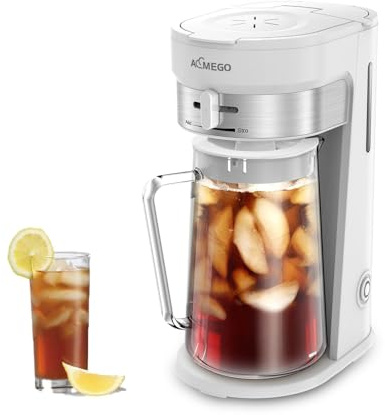 AEMEGO Eisteebereiter, Brühsystem mit 2,5 l Glaskrug, Schiebestärkenauswahl, Edelstahl-Dekoration, wiederverwendbarer Filter (weiß)