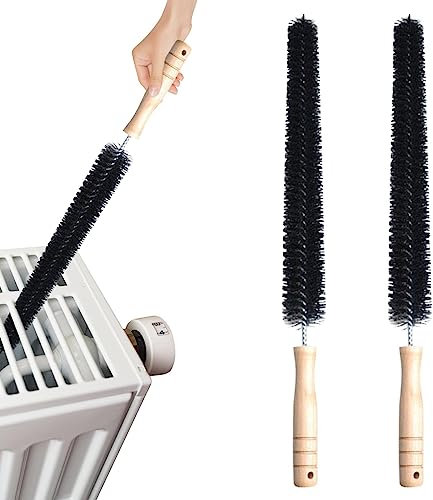 2pcs Radiator Brush, 40cm Long Reach Radiator Brush with Wooden Handle, Flexible Nylon Radiator Cleaner Brush with Hanging Hook Loop for Dryer Lint Brush Vent Cleaner