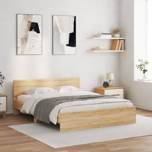 vidaXL King Size Bed Frame with Headboard - Sonoma Oak 150x200 cm, Engineered Wood Modern Bedroom Furniture with Sturdy Plywood Slats