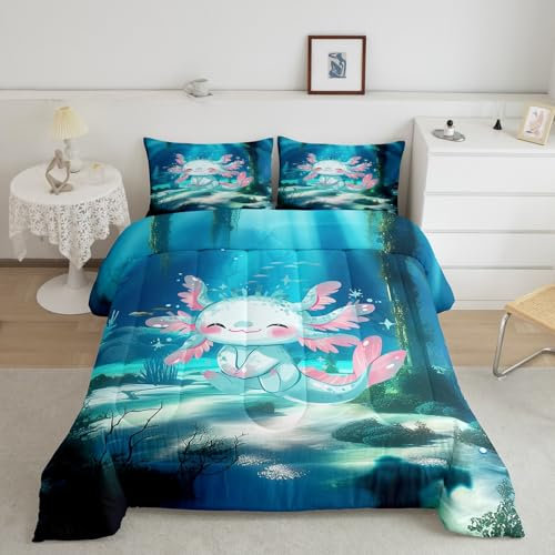 Axolotl Bettwäsche-Set mit Cartoon-Motiv, Kawaii-Ozean-Tiere, Meerestier-Bettwäsche-Set für Kinder, Teenager, moderne Dekoration, Unterwasserkorallenpflanzen, Aquarell, blaugrün, Bettdecke mit 1