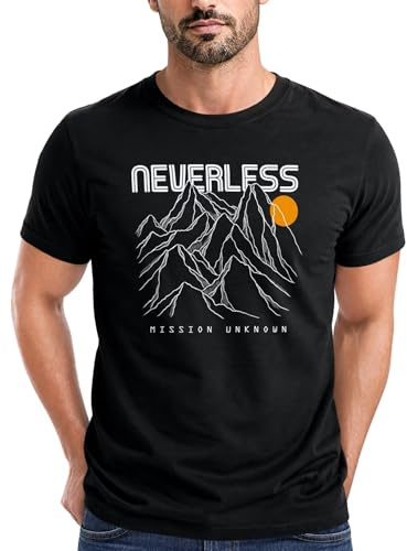 Neverless® Herren T-Shirt Frontprint Gebirge Line-Art Printshirt Wandern Outdoor Fashion Streetstyle Sommer