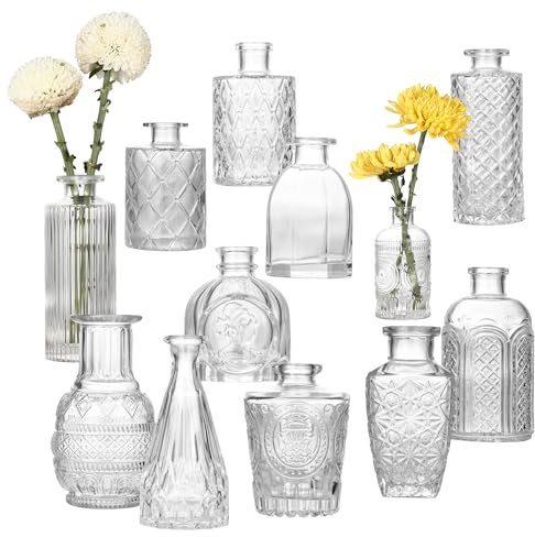 Paquete de 12 Jarrones de Cristal, Mini Floreros de Cristal, Jarrones Decorativos Vintage, Pequeños Jarrones de Vidrio para Decoración de Bodas y Mesas(Transparente)