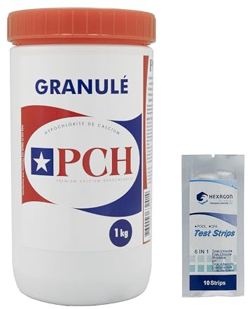 Ocedis PCH Granulat – 1 kg | Schockchlor, Chlor, nicht stabilisiert – Schockdesinfektion – Calciumhypochlorit mit schneller Auflösung + 10 HP-Tests 6 in 1