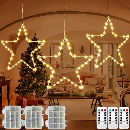 3 Stück Fenster Weihnachtsbeleuchtung, 40 LED Beleuchtet LED Fensterdeko Stern warmweiß Batteriebetrieben, Fensterdeko Batterie Weihnachtsdeko Lichterkette mit Timer für Hängen Weihnachtsdeko Fenster