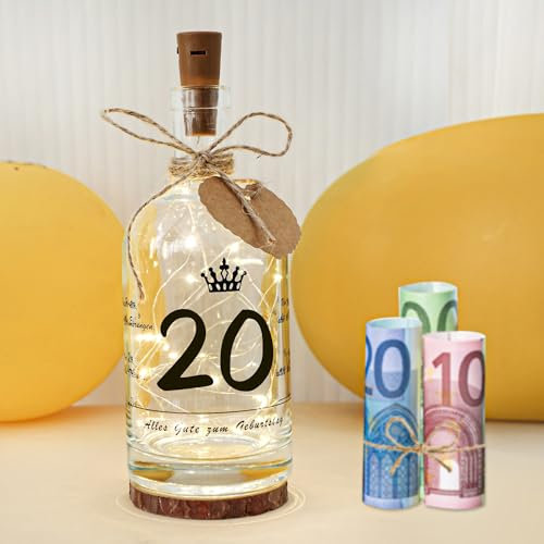 Seutgjie 20. Geburtstag Mädchen Geschenk, Deko 20 Geburtstag Geldgeschenke LED Flaschenlicht mit Spruch für Frauen Mädchen Junge Personalisiertes Geschenk