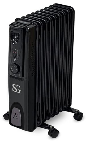 SG Traders 2000W Energy Efficient Electric Oil Filled Radiator, 9 Fin, Black, Modern Style, Indoor Use, 3 Heat Settings, Adjustable Thermostat, Overheat Protection, Tip-Over Protection