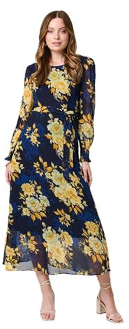 Izabel London Floral Long Sleeve Chiffon Midi Dress for Women UK with a Round Neck, self-tie Belt and a-line Skirt.