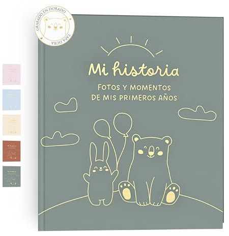 HuBorns - Babyalbum Erstes Jahr bis 5 zum Einkleben von Fotos und Beschriften, Fotoalbum Kinder mit +50 Seiten und Stickern, Originelles Erinnerungsbuch Baby, Fotoalbum Baby (Grün, Spanisch)