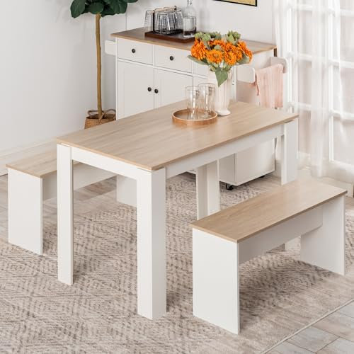 FURNITABLE Esstisch Set Sentio,Eiche+Weiß 110 x 70 cm mit 2 Bänken 3-teilig Essgruppe Tischgruppe Sitzgruppe Holztisch Küchentisch