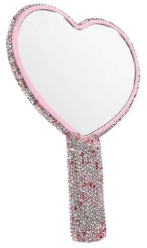 Healeved Miroir De Cœur Miroir De Poche avec Poignée Format Compact pour Femmes Retouches Maquillage Voyage Décoration Cristaux Abs