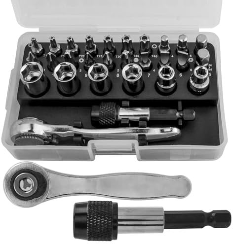 Gasea 28 in 1 Ratchet Set, 1/4 Right Angle Screwdriver Mini Socket Set, 72 Tooth Small Ratchet Wrench Offset Ratchet Screwdriver, 1/4 Sockets and Torx Slotted Hex Phillips Bits Repair Tool Kit
