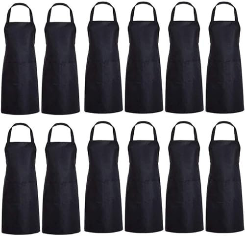 TESIN 12 Stück Köche Schürze, Schwarz Kochschürze für Männer Frauen mit 2 Vordertaschen, Koch- und Küchenschürzen für Küche Kochen Backen Garten BBQ (63x78cm)
