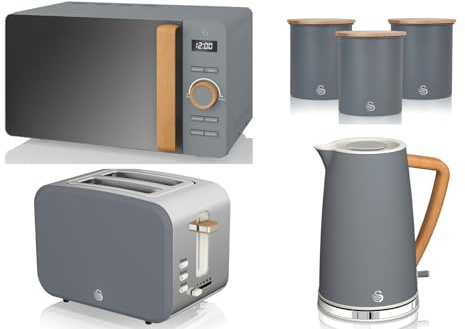 Swan Nordic Grey 1.7L Jug Kettle, 2 Slice Toaster, 800W 20L Digital Microwave & Canisters. Scandinavian Inspired Design Matching Kitchen Set of 6 in n Grey with Wood Accents