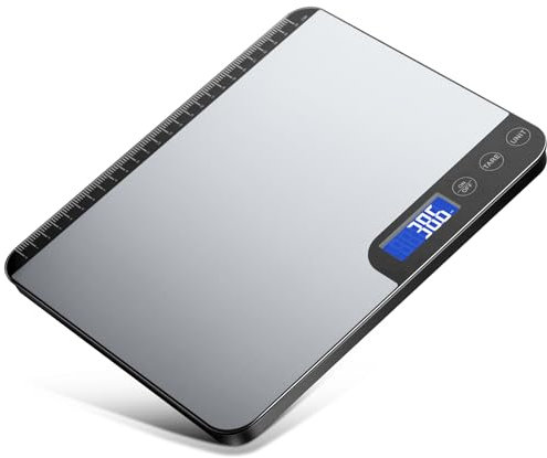 Küchenwaage Digital 20KG,Großer Wiegefläche Digitalwaage mit Lineal,Professionelle Electronische Waage,Edelstahl Haushaltswaage Lebensmittelwaage,LCD Anzeige,Tara Funktion,5 Einheiten, mit Batterien