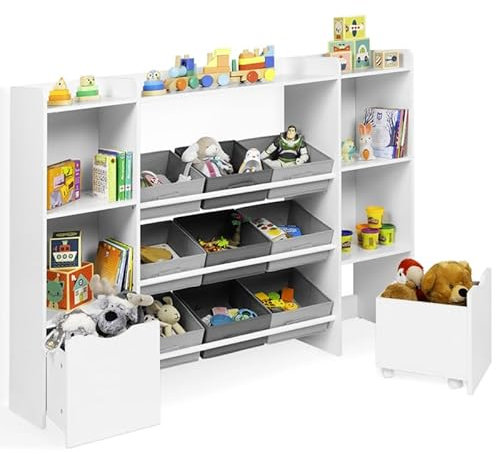 IDMarket - Aufbewahrungsschrank für Kinder Mana, 7 Regale, 9 Stofffächer und 2 Würfel auf Rollen, weiß