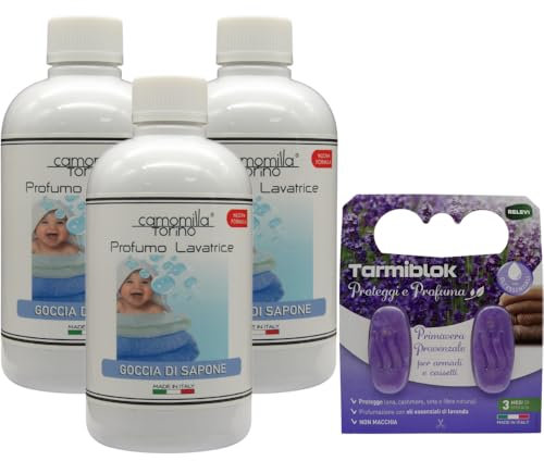 Camomilla Torino Kit 3x Profumo Concentrato Lavatrice 500ml Linea Classica, Profumazione Innovativa e Duratura + Relevi Proteggi e Profuma (3x Goccia di Sapone + Relevi)