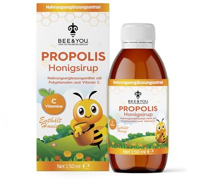 BEE and You Propolis-Extrakt Honigsirup Mit Vitamin C, beruhigendem Honig, natürlicher Immununterstützung, Linderung von Halsschmerzen, Antioxidantien, für Kinder und Erwachsene, 150 ml
