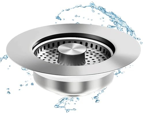 UZSUZZ Tappo Lavandino Cucina, Tappo con Filtro 3-in-1 per Lavello Cucina - Setaccio Anti-Intasamento in Acciaio Inox 304 | Universale per Fori 75-87mm | Combo Tappo/Filtro/Lavandino