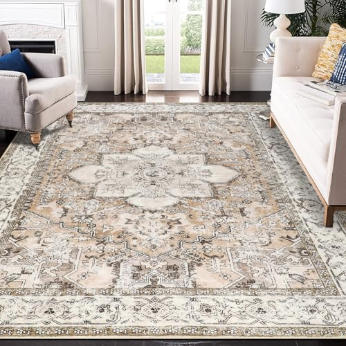 Edlbaegy Rugs Living Room Large 160x230cm Machine Washable Area Rugs for Bedroom Beige Vintage Boho Faux Wool Low Pile Non Slip Carpet for Living Room Lounge Office Dining Room