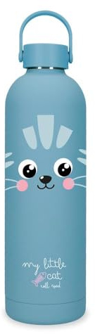 MOVOM Joumma Bags Trinkflasche aus Edelstahl, rutschfeste Oberfläche, heiße Getränke 12 Stunden – 24 Stunden kalt – luftdichter auslaufsicherer Verschluss, Katze blau, Talla única, Trinkflasche aus