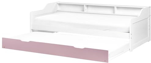 Beliani Tagesbett ausziehbar Kiefernholz weiß/rosa mit Regal Lattenrost 90x200 cm Edern