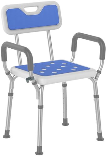 ZENO Shower Chair | Bath Chair for Elderly and Disabled | EVA Padded Shower Stool with Back and Arms, 6 Height Adjustable, 4 Suction Foot Pads | Easy To Assemble | Blue